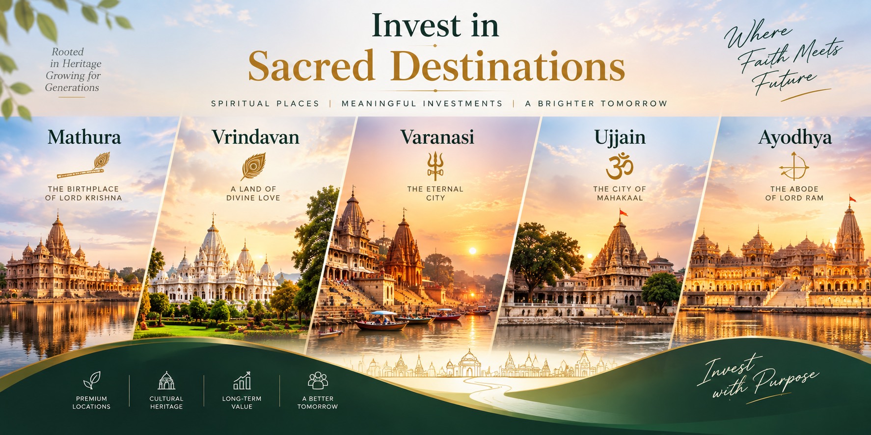 Invest in Sacred Destinations — spiritual places, meaningful investments, a brighter tomorrow. Mathura, Vrindavan, Varanasi, Ujjain and Ayodhya shown side by side, with premium locations, cultural heritage, long-term value and a better tomorrow called out below.