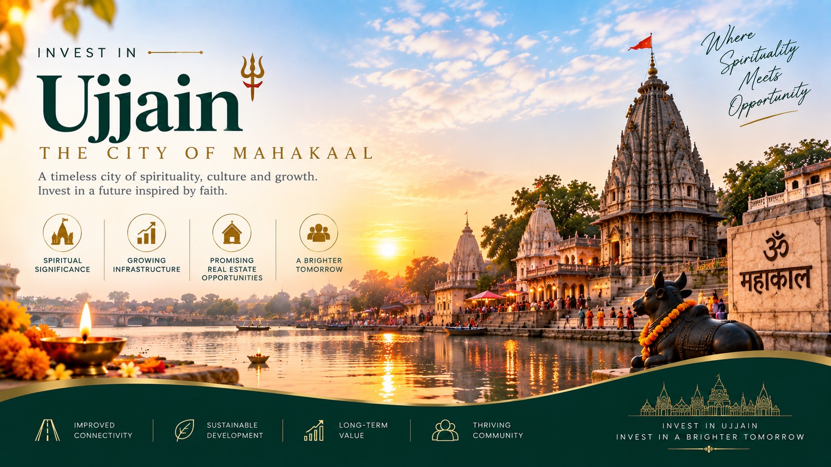 Invest in Ujjain, the city of Mahakaal — a timeless city of spirituality, culture and growth. The Mahakaleshwar temple above the Shipra ghats at sunset, with spiritual significance, growing infrastructure, promising real estate opportunities and a brighter tomorrow called out alongside.