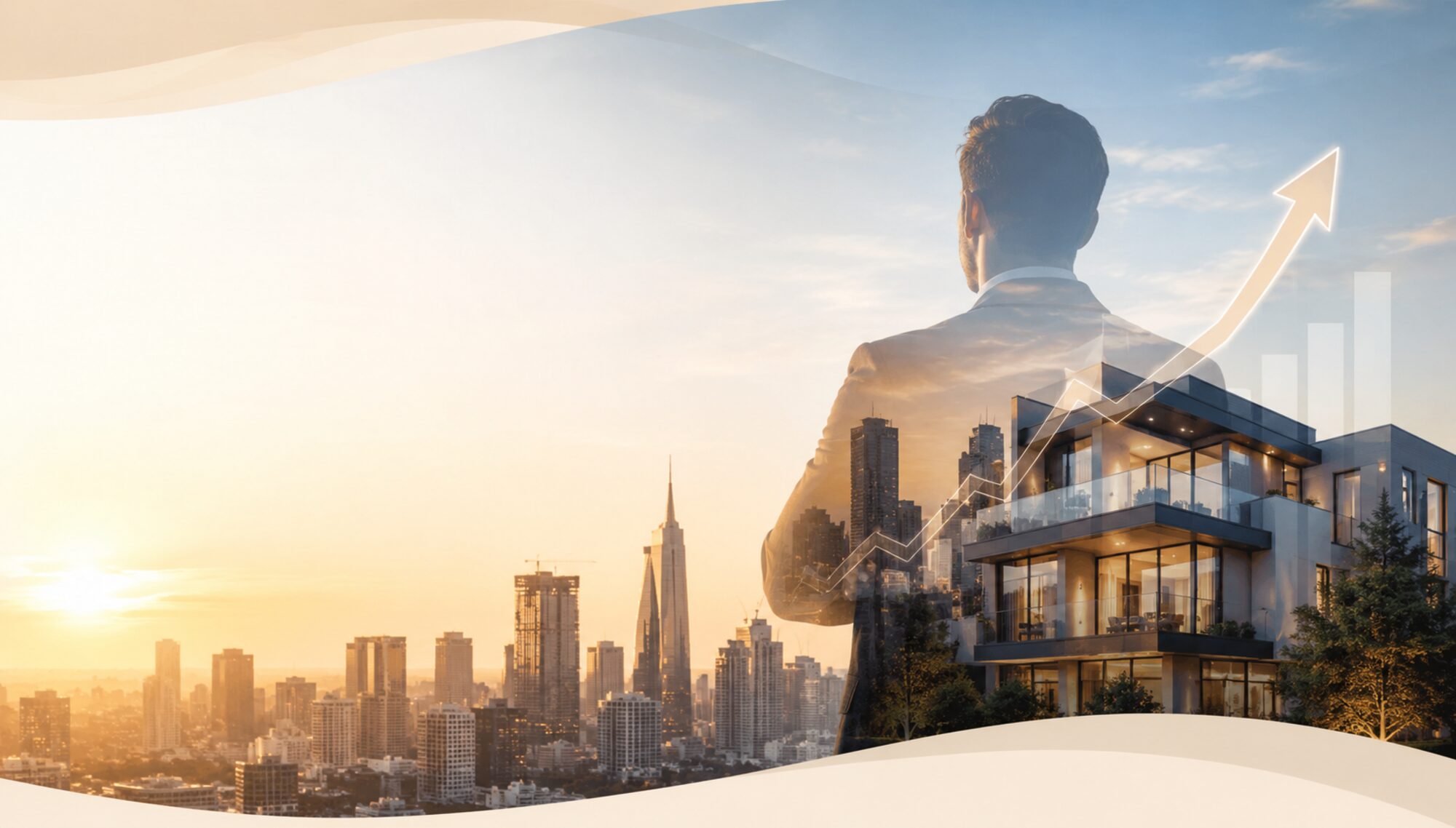 A businessman looking toward a city skyline and modern home, with a rising growth arrow